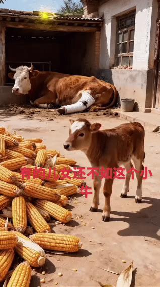 牛妈妈腿受伤了，躺在墙角动弹不了。刚出生几个月的小牛犊跑过去，把玉米棒子叼起来喂