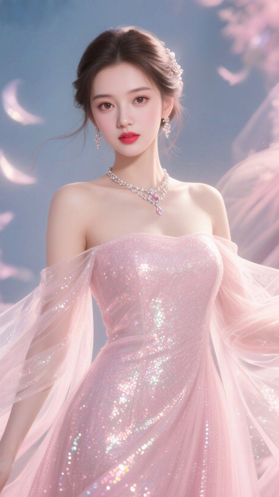 粉裙闪熠揽星河一袭樱花粉亮片抹胸礼裙，将亮片的璀璨与纱质的轻盈融成了梦幻的