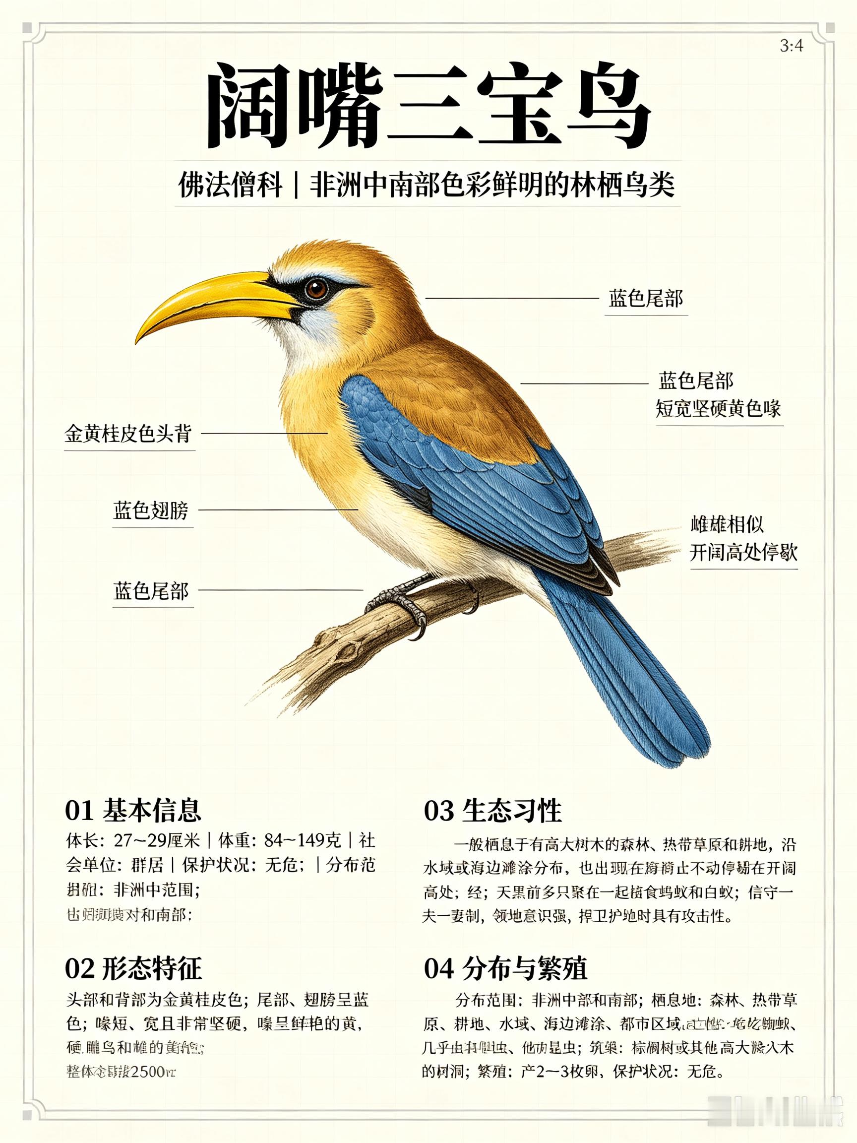 鸟类朋友图鉴阔嘴三宝鸟体长：27~29厘米体重：84~149克社会单位：群