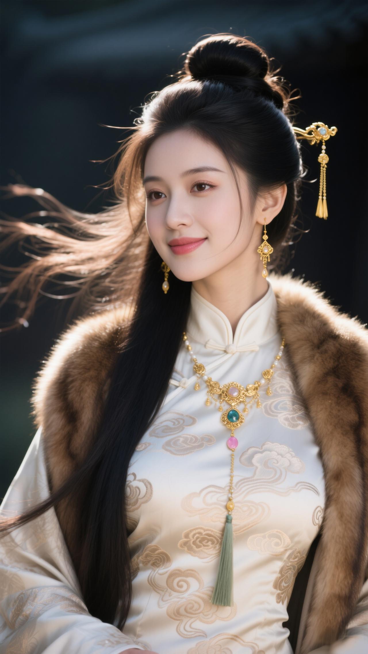 《清平乐·素衣金饰》素衣凝雪，金缕云纹叠。裘领堆香风拂袂，金簪垂穗摇曳。