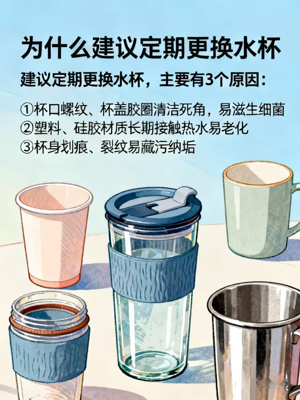 为什么建议定期更换水杯不少人水杯只要没摔碎，就会一直用很多年。看上去完好无损