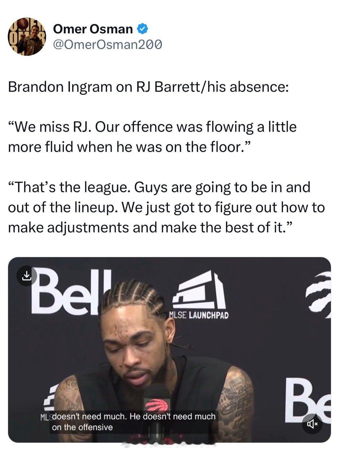 英格拉姆赛后：我们非常想念RJ，他在场上打球的时候，我们的进攻会更加流畅。这就是