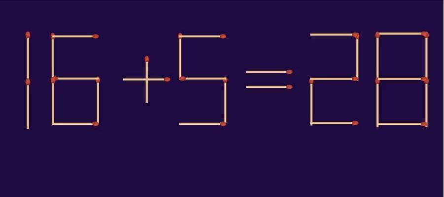 这是一道有意思的火柴棒数学谜题。图中的等式“16+5=28”按正常运算