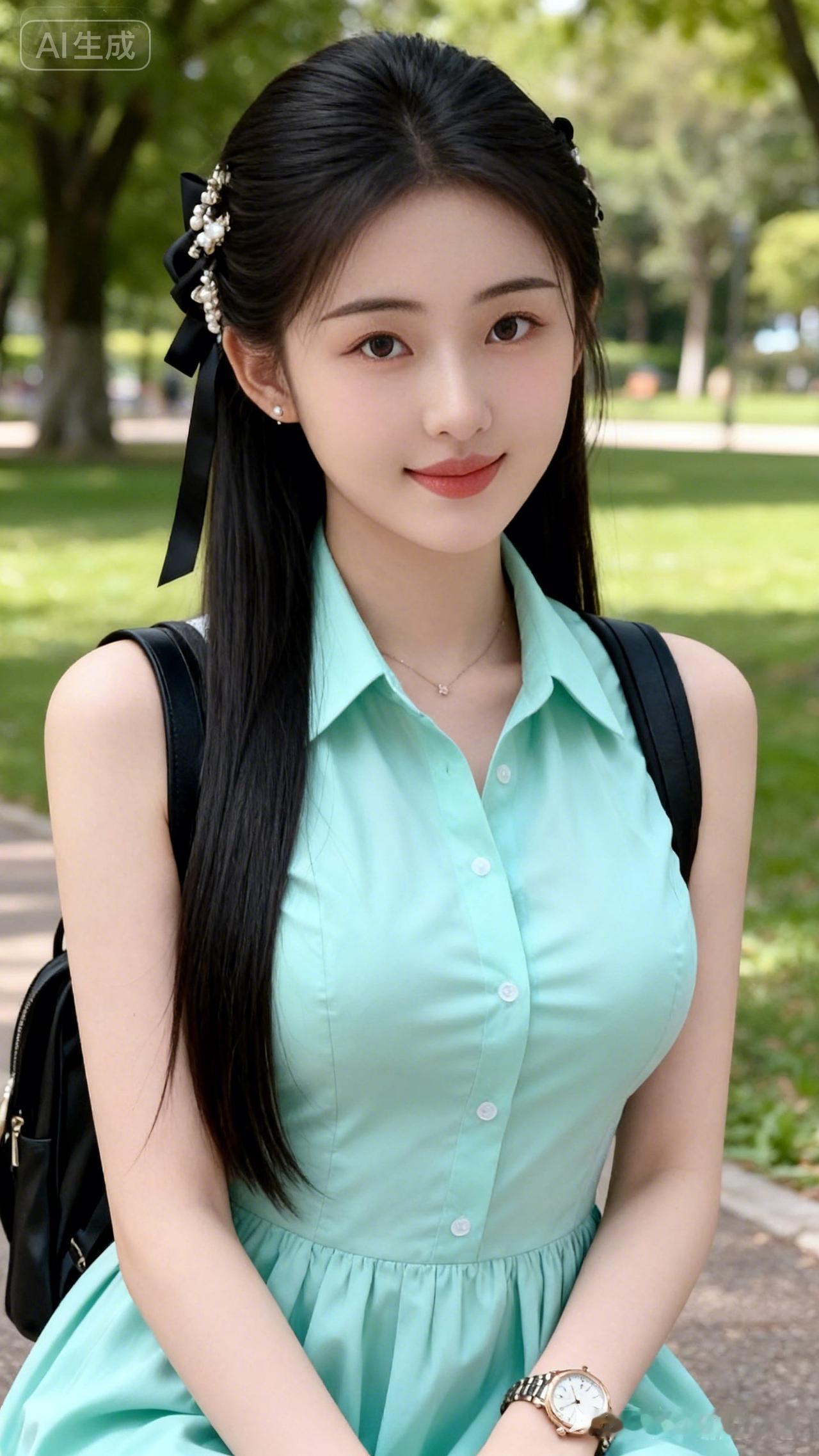 这个小姐姐穿着绿色连衣裙，背着包，在公园里拍照。
