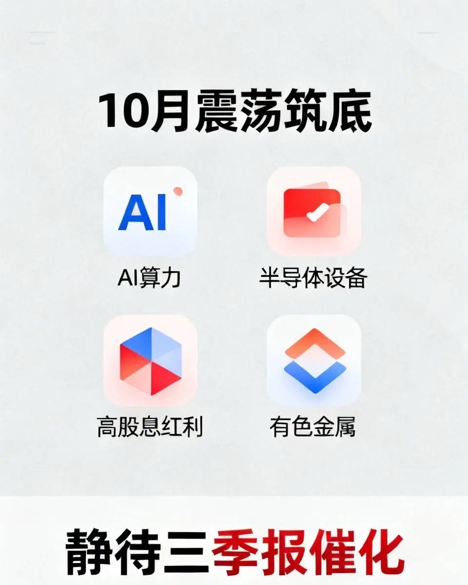 10月份震荡筑底，静待三季报催化，这些板块值得关注：1. AI算力算力需求持续释放，调整大概率在上旬