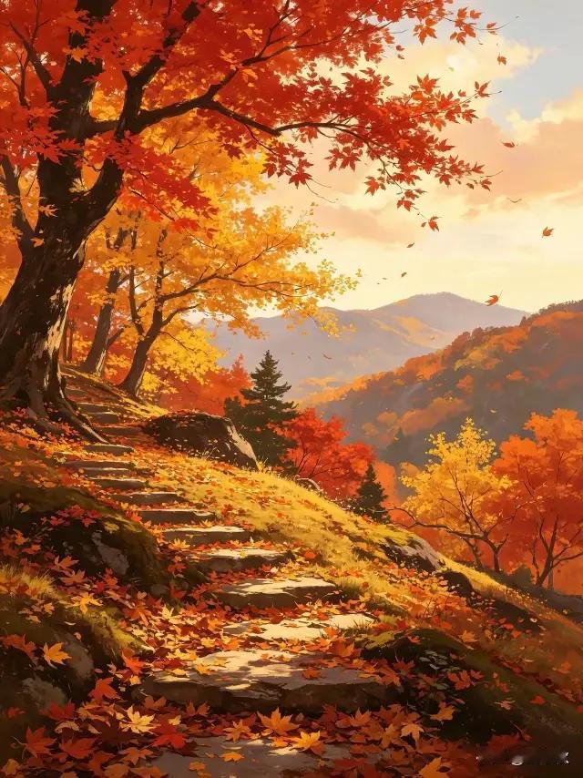 深秋的红枫树，霜染枝头，层林尽染，漫山遍野，太壮观啦！