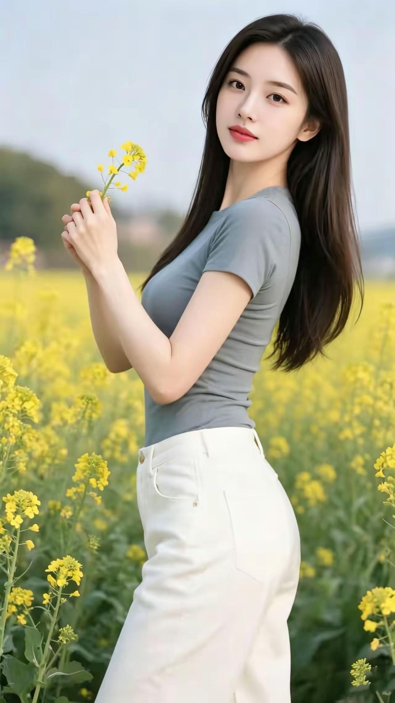 塞鸿秋·菜花女金波漫野随风荡，柔荑撷蕊晴光傍。鬓边春态流云样，眸中秀色清