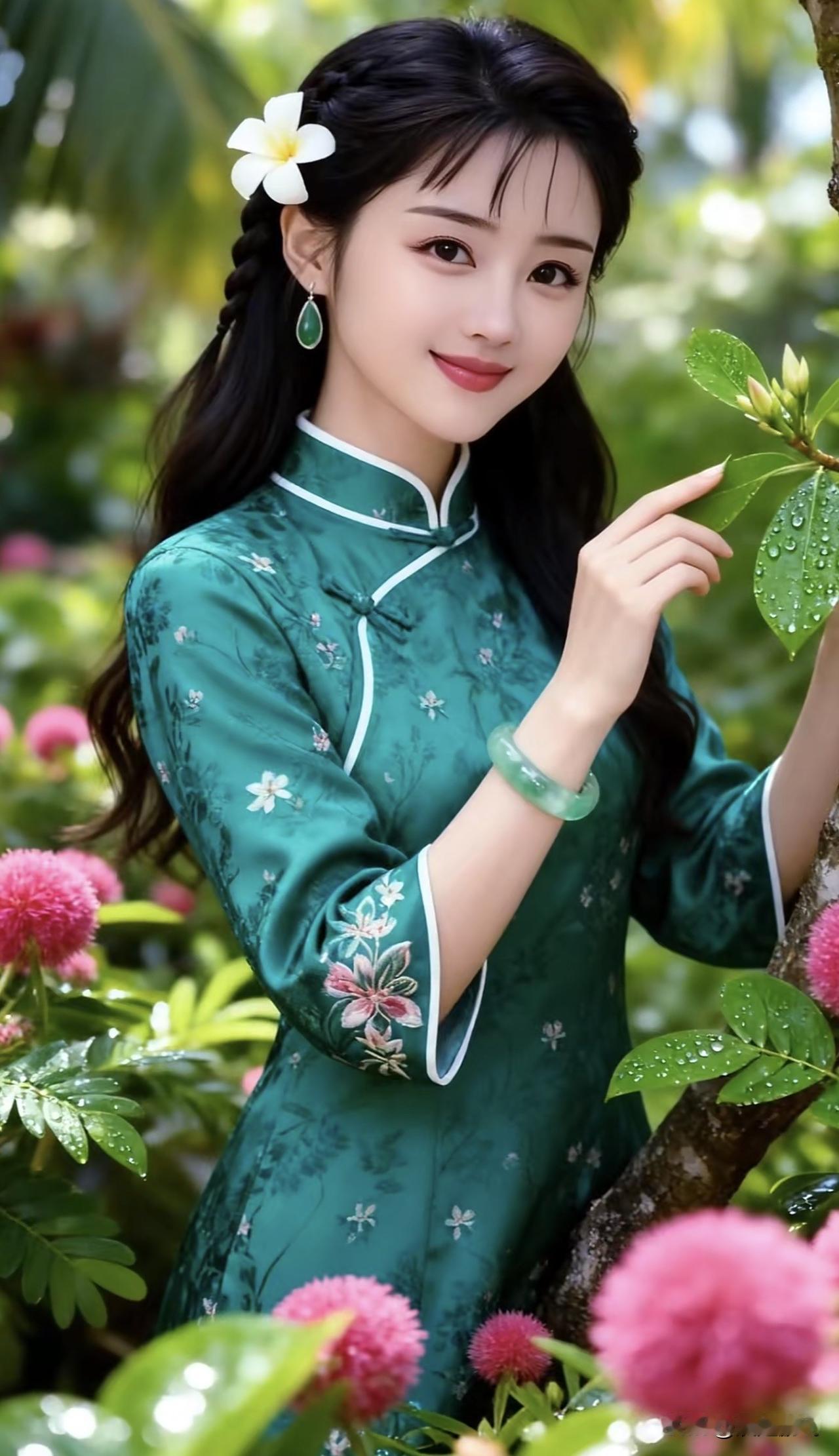 绿衣美人倚花枝，笑语盈盈似有期。紫裙倚坐绿裳春景照绿裳春景照绿裙美人绿裙