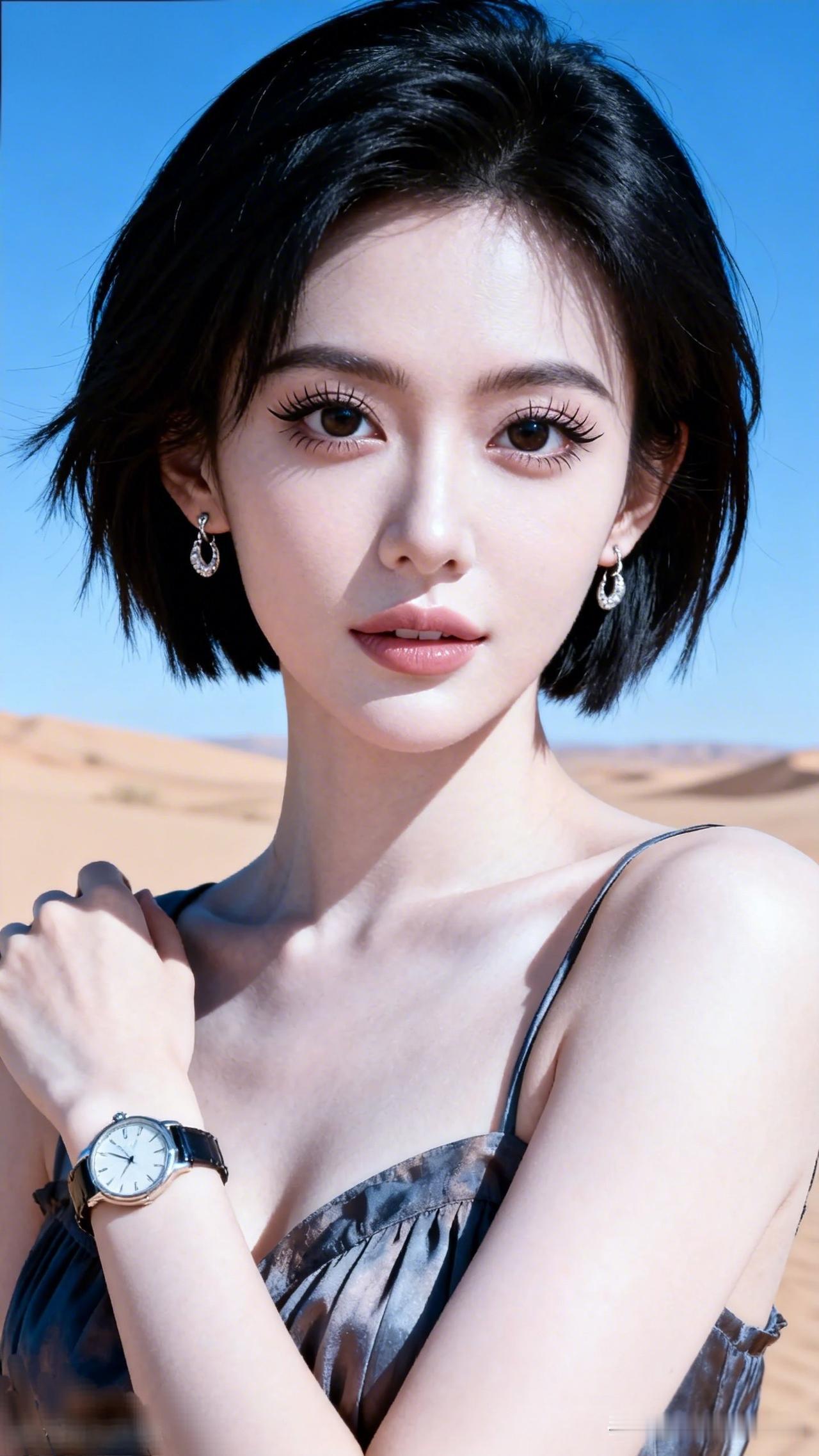 沙漠中的时尚女郎，黑发红唇，尽显优雅与神秘。
