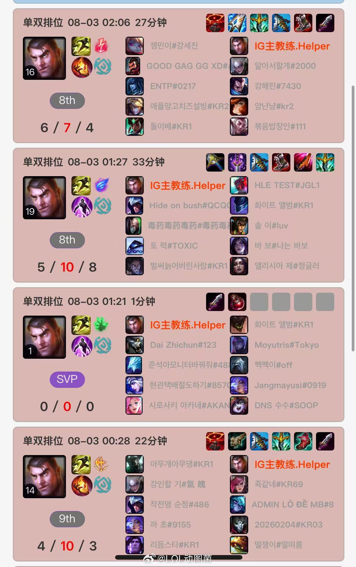 英雄联盟英雄联盟S16无意间点开了iG教练Helper的战绩，发现在昨天iG零