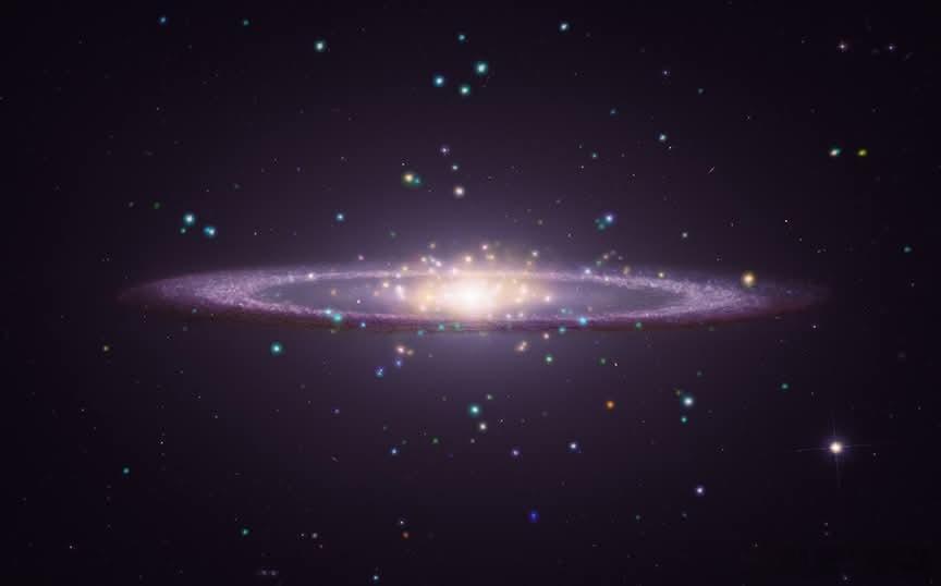 在这张帽状星系的合成图像中，哈勃的可见光描绘出拥挤核心明亮、温暖的白炽光芒。钱德