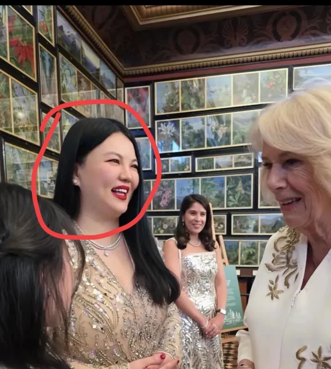 李湘不知道以什么样的身份见到了英国王妃卡米拉，一脸的笑仿佛是见到了久违的亲人。