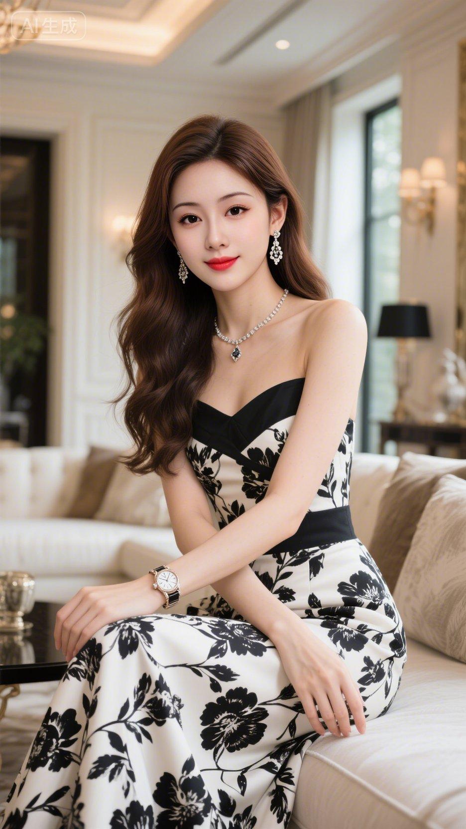 在典雅的空间中，她宛如一朵优雅盛开的墨花，黑白裙装勾勒出精致的格调。珠宝与腕表的