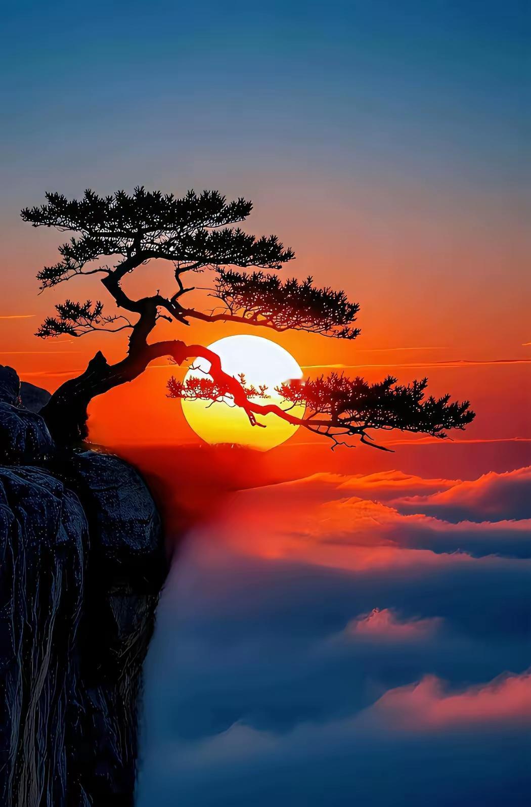 云海之上，落日余晖映照，树影婆娑，静谧如画。