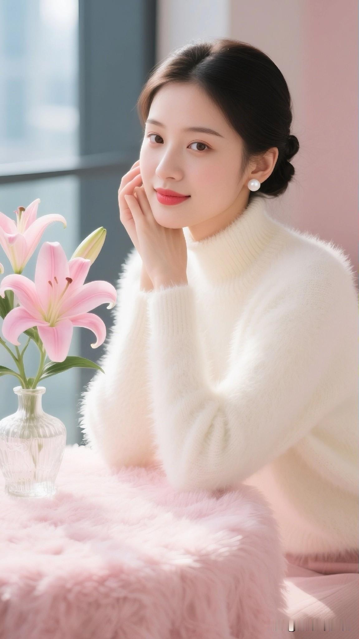 玉人笑得真甜又灿烂你无意中拍过哪些惊艳的照片温柔冬日穿搭，粉色花束与白色毛衣