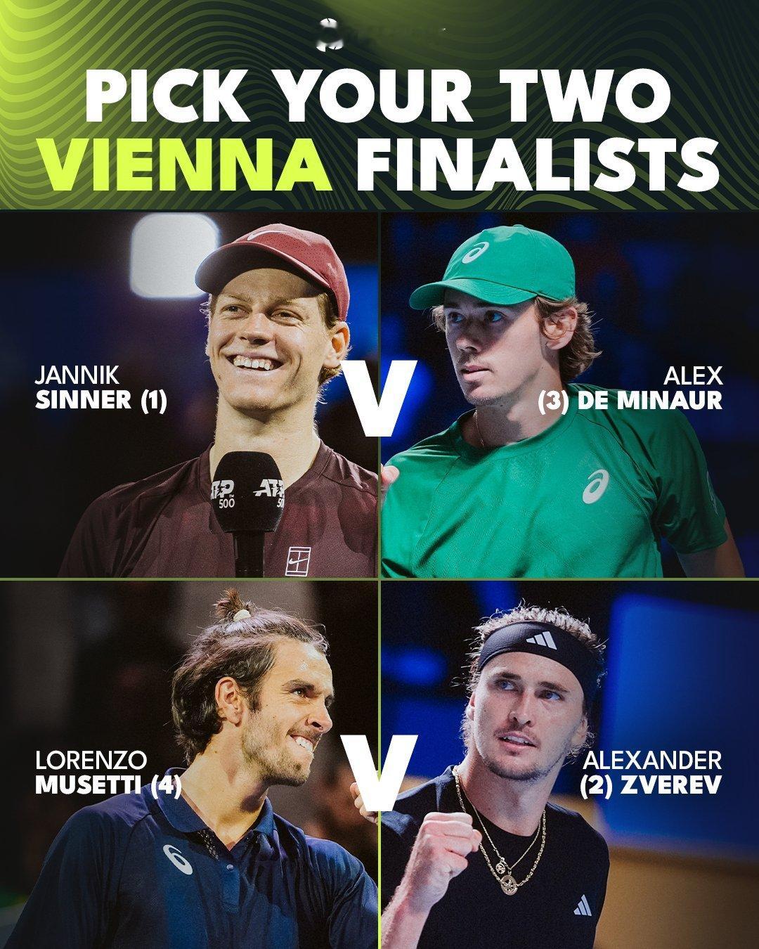 ATP500维也纳,前四种子会师四强:【1】辛纳vs【3】德米纳尔【4】穆塞