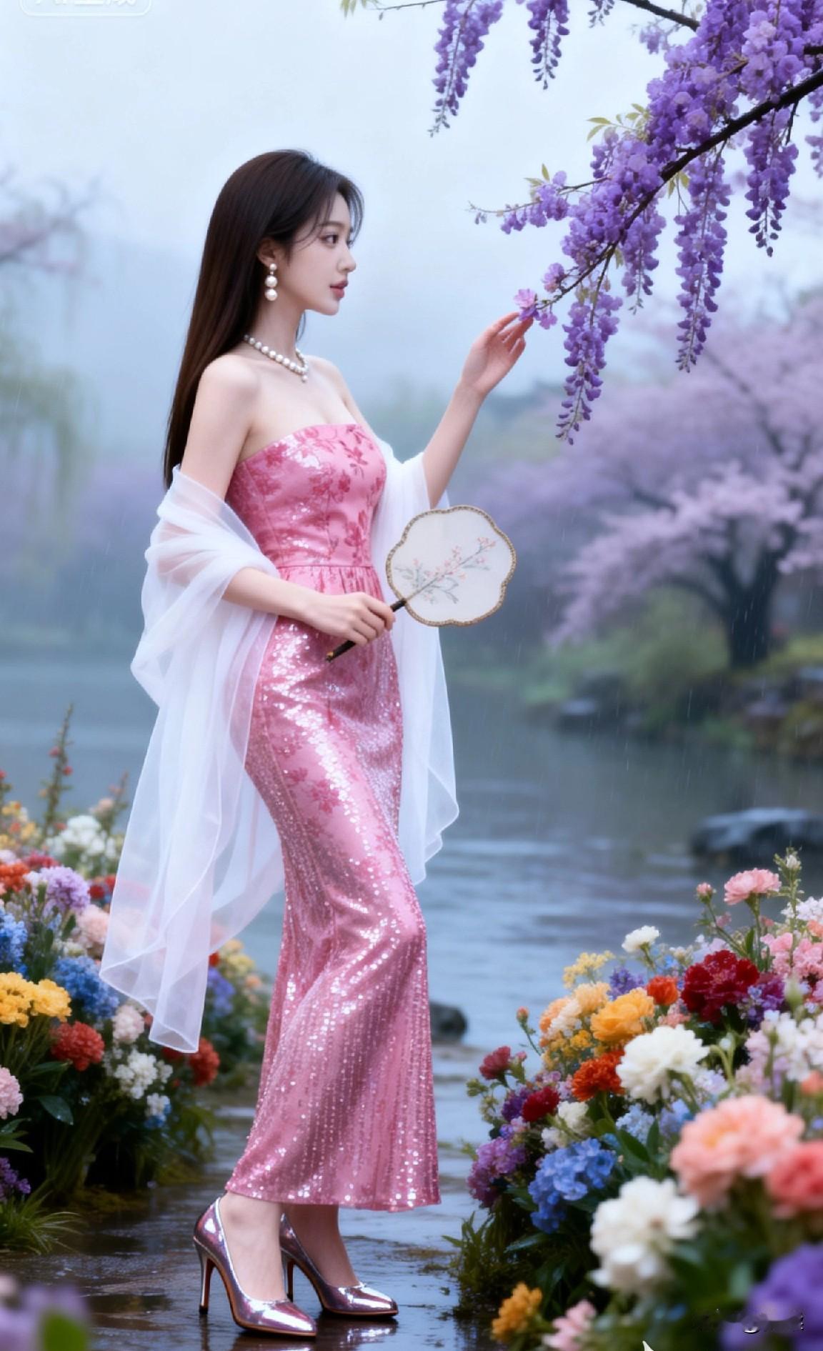 雨中漫步，粉裙飘逸，花海相伴，唯美如画粉裙花畔照梦幻花裙照