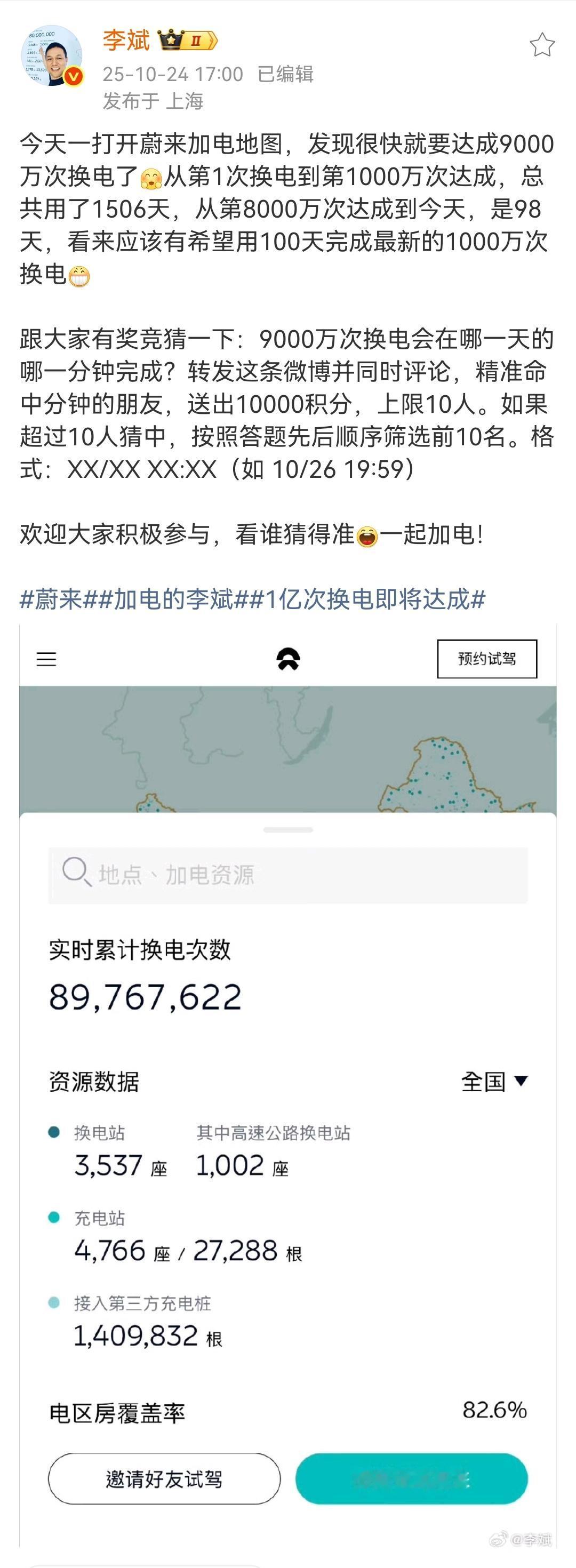 蔚来李斌:蔚来汽车即将达成9000万换电记录!即将在未来100天内达成1亿换电记