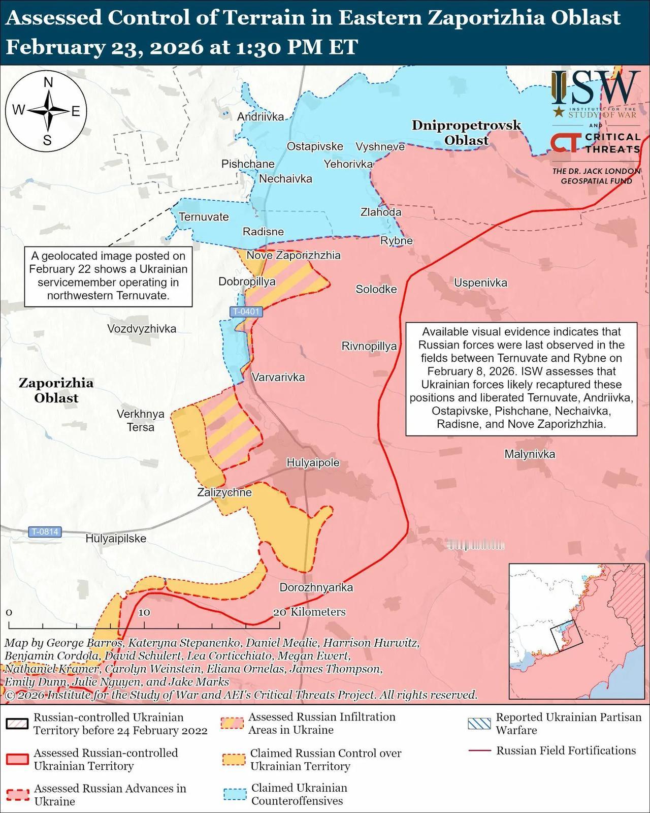 战争研究所的地图显示：在扎波罗热战线，乌克兰军队已部占领了兹拉戈达和里布涅，剑指