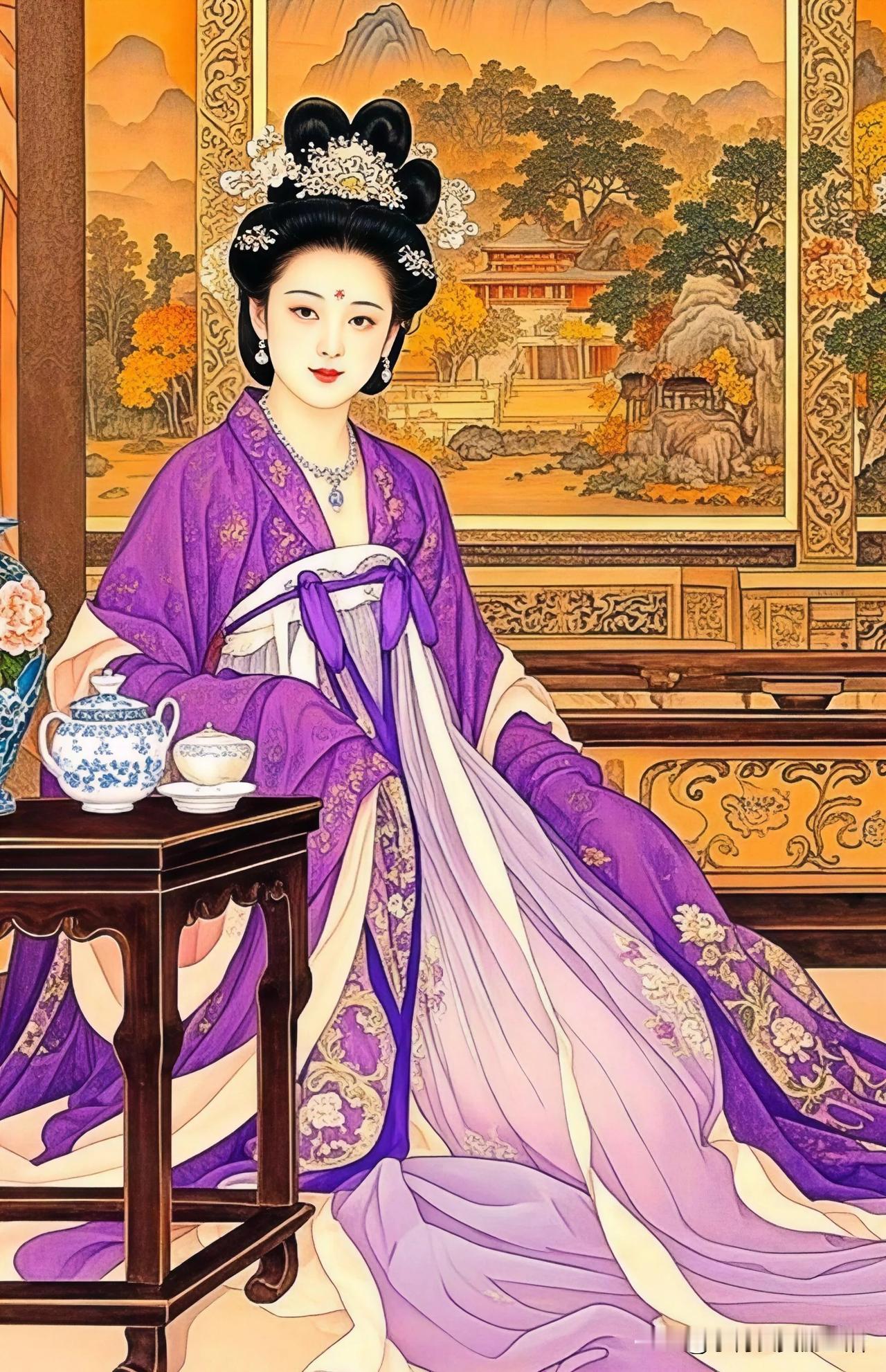 紫衣美人倚栏坐，茶香满溢画中来。