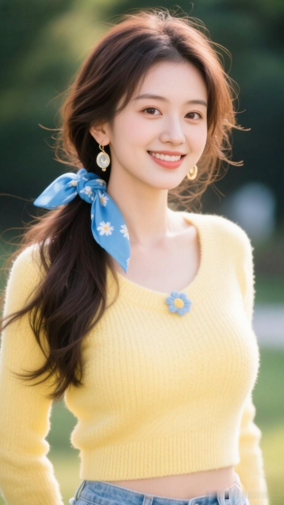 阳光明媚的午后，微笑的少女与黄色毛衣的清新搭配，仿佛夏天的气息扑面而来。🌸💛