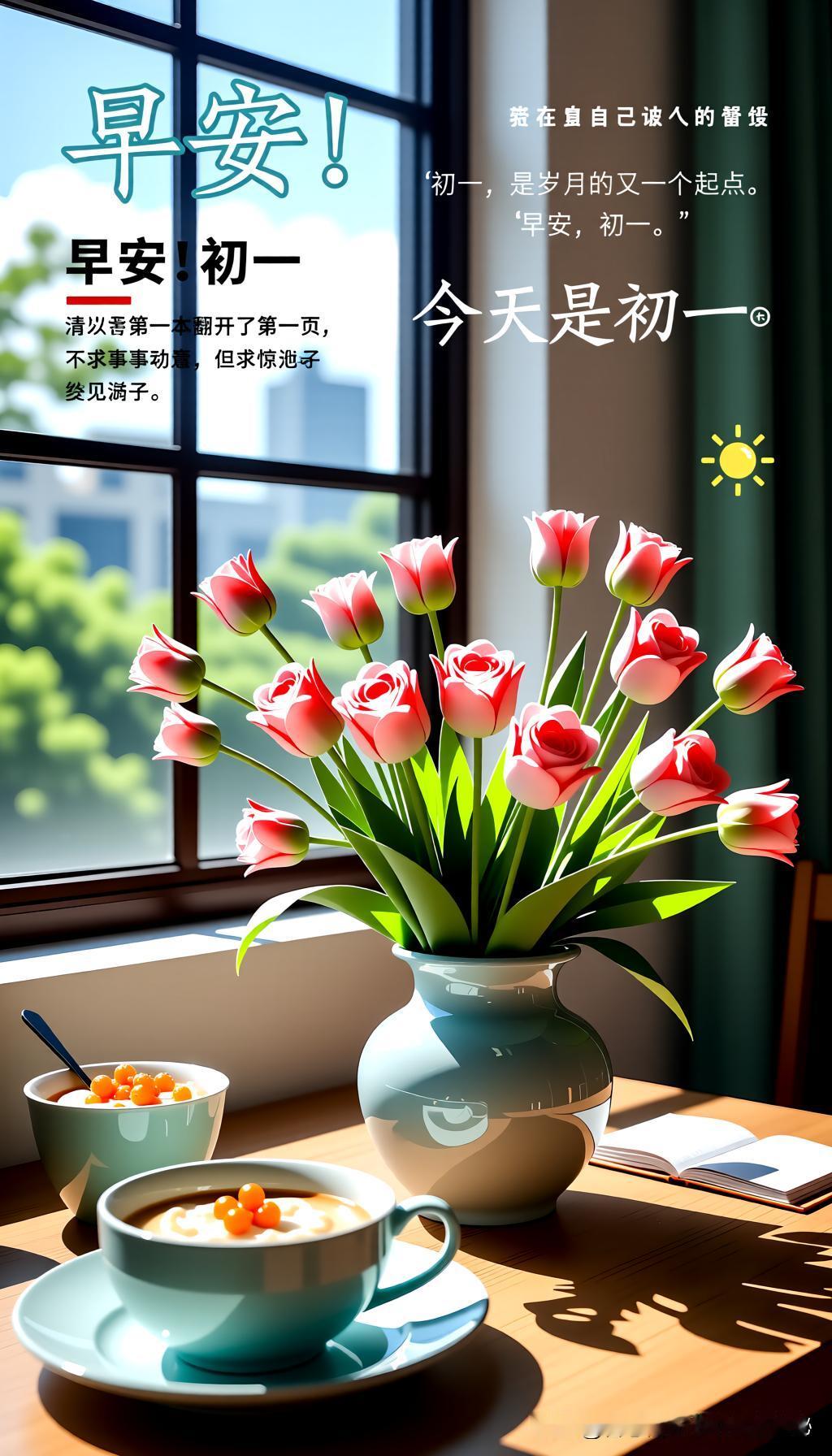 早安！今天是初一早晨打卡祝福语清晨的第一缕阳光洒进窗棂，带着新月的期许和万物