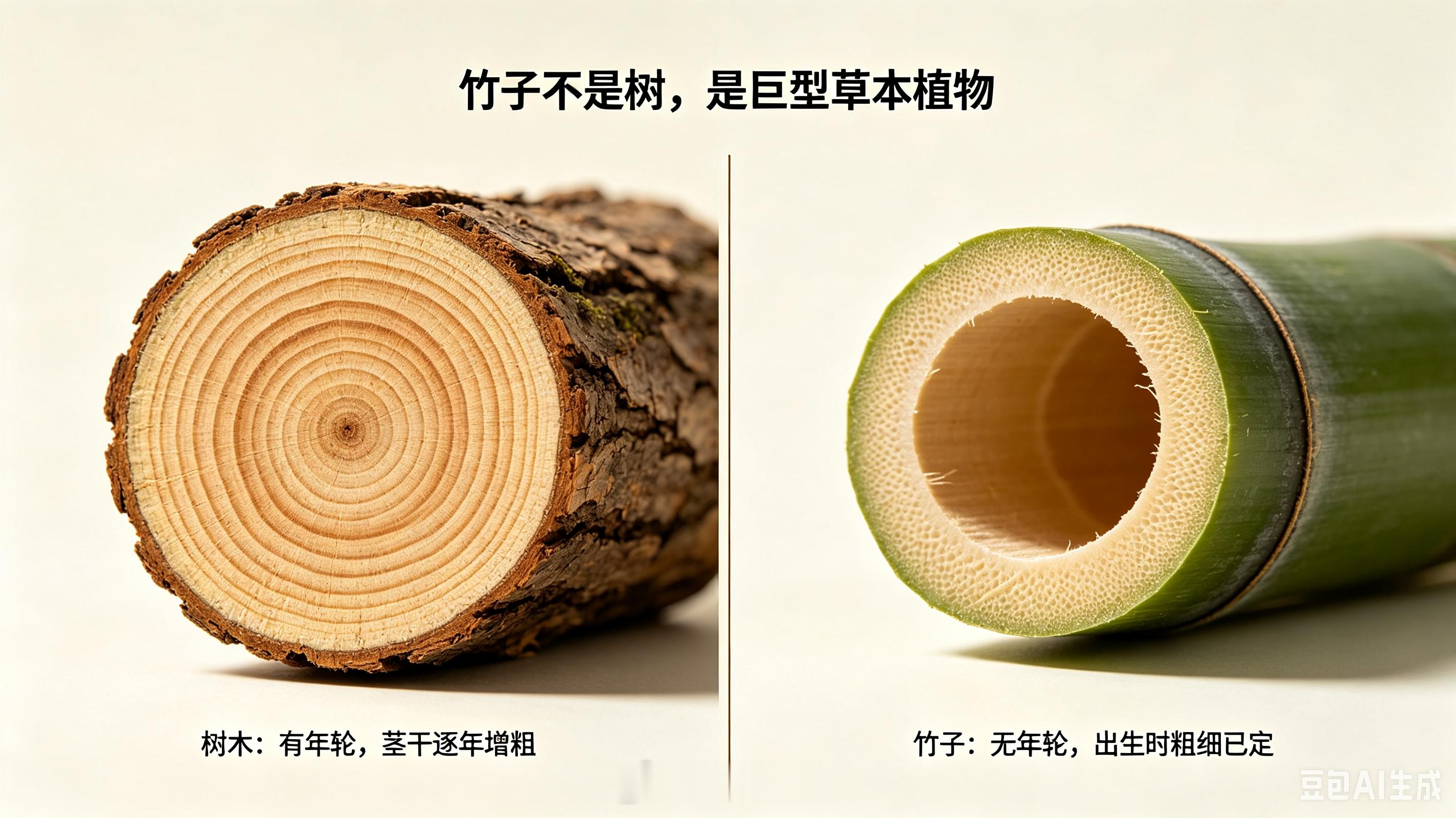 竹子虽然长得像树，但它其实是禾本科植物，和稻子、小麦是亲戚。竹子没有树木那样的形