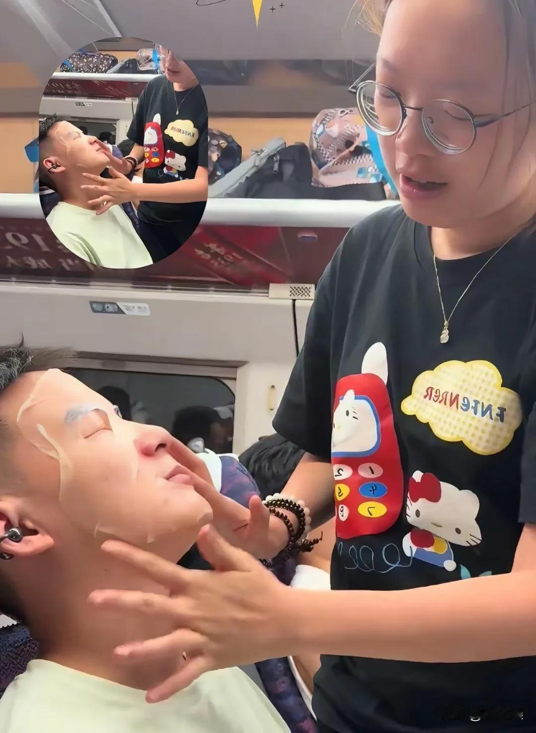 谢浩男太幸福了，大妹给敷面膜，小妹给整个小辫子，哈哈，谢浩男变成大姐了！幸福就是
