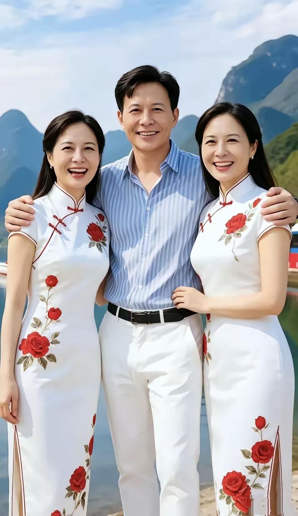男子他是谁，钱财花不没。游玩名胜地，俩个美女陪。