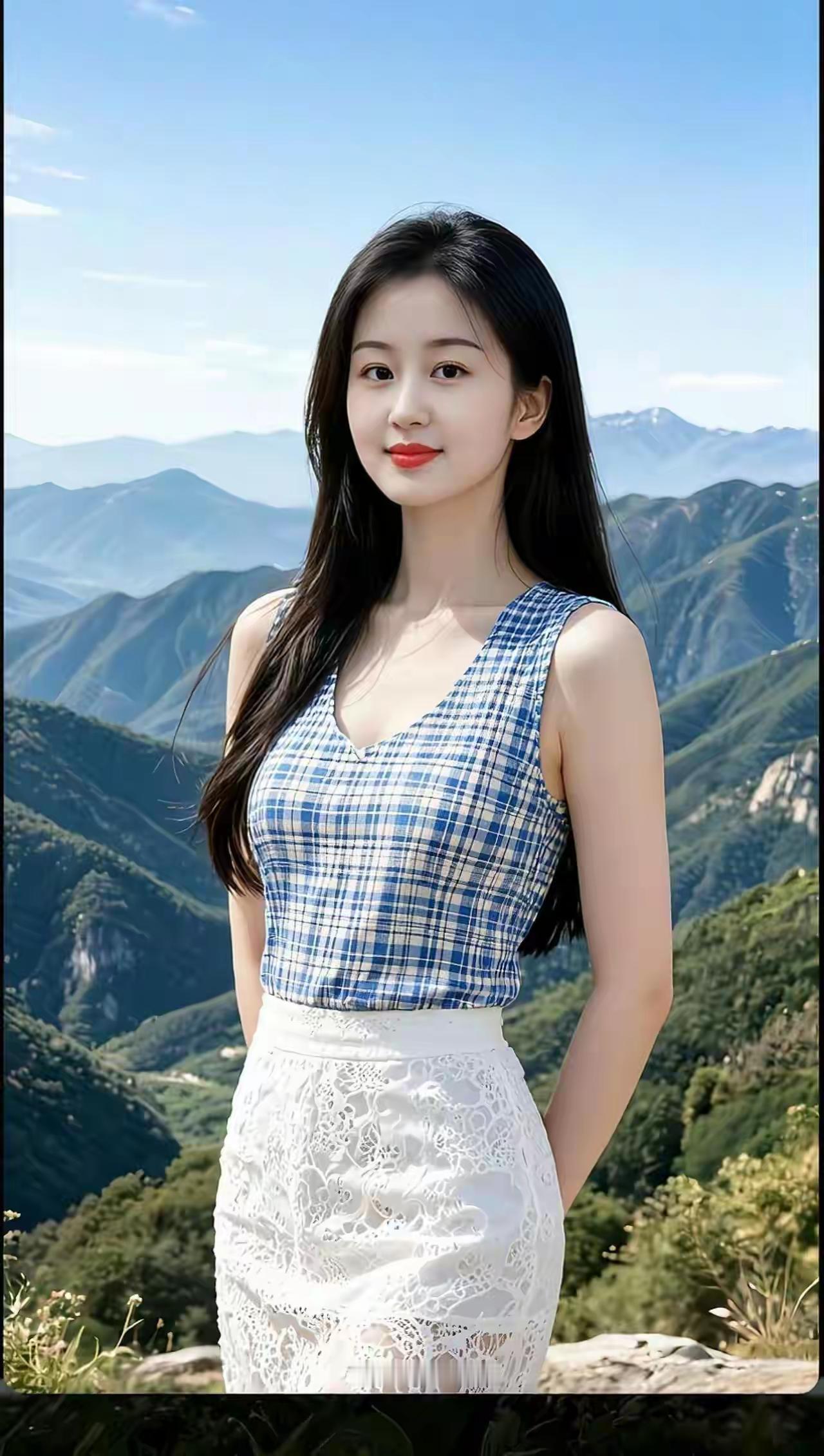 山间少女，蓝白相间，清新自然，美不胜收！