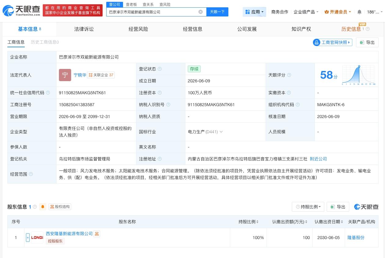 隆基绿能在巴彦淖尔成立新公司天眼查App显示，近日，巴彦淖尔市双能新能源有