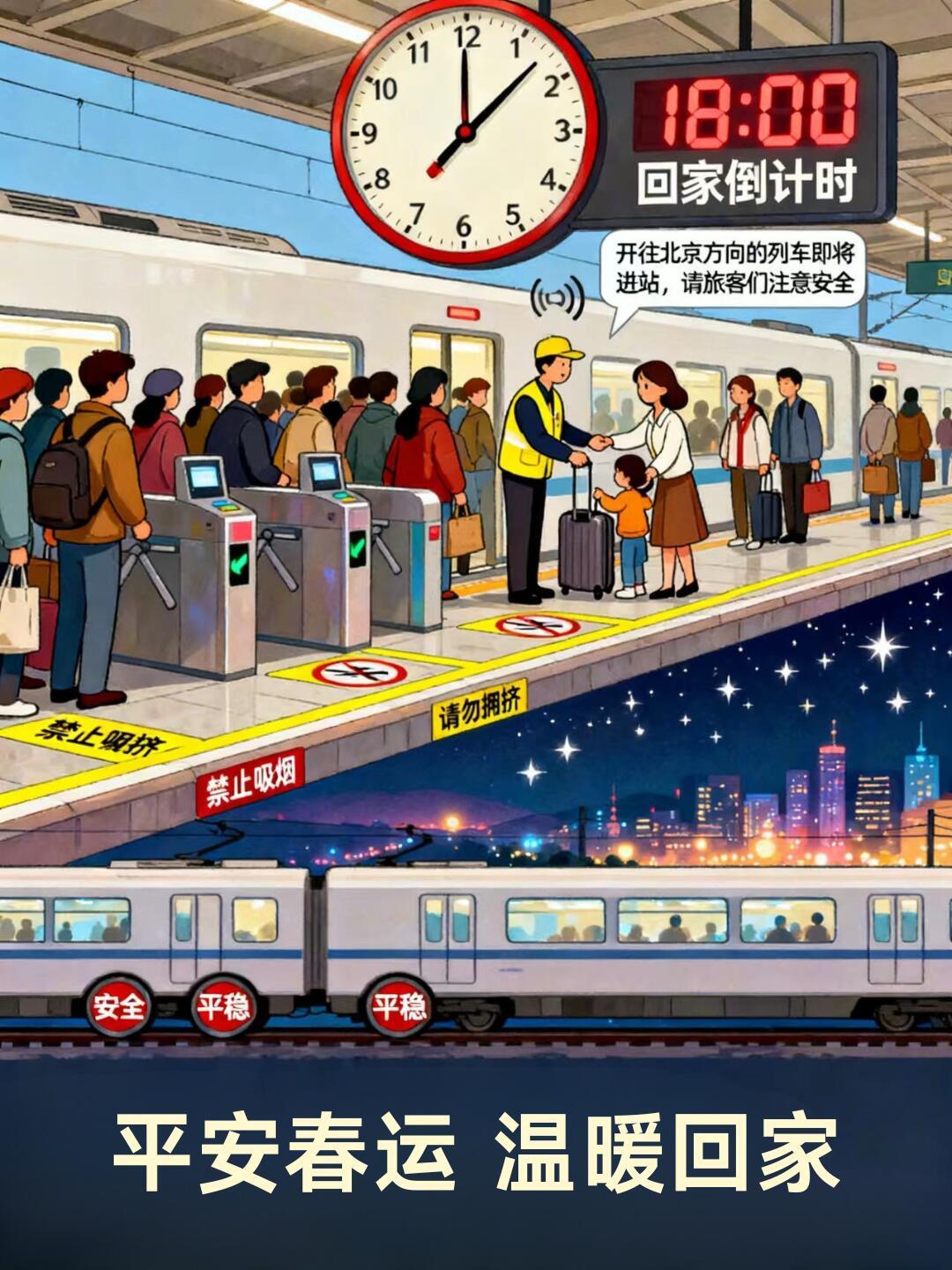 春运的列车鸣笛启程，载着思念奔家去。风雪挡不住脚步，行囊装满牵挂，复兴号载着千万