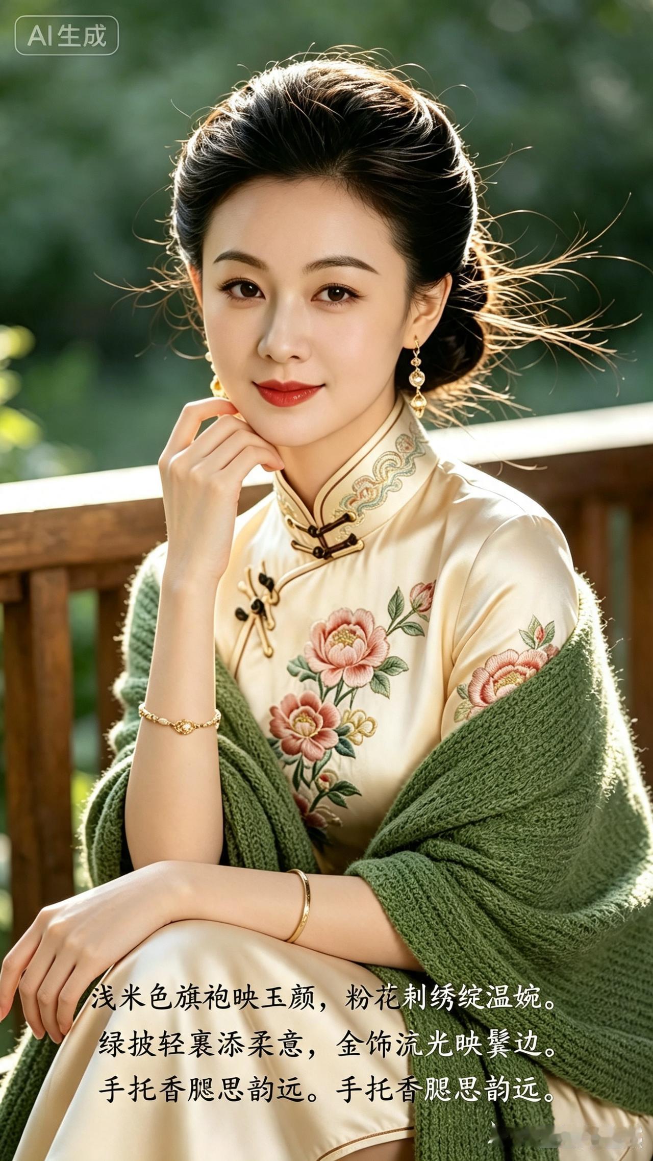 穿旗袍的姑娘坐在阳台上。