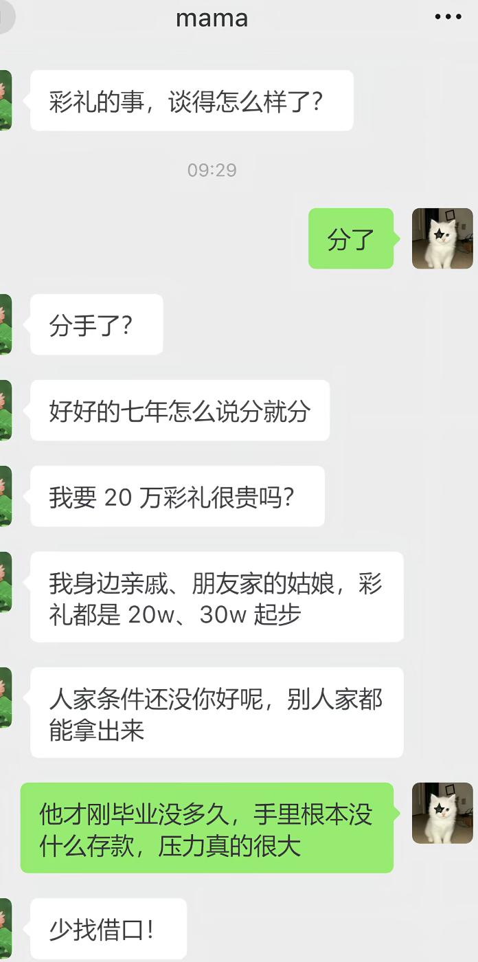 七年感情，卡在二十万彩礼分了手。妈妈一口咬定行情就是20万起步，别人家条件更差都