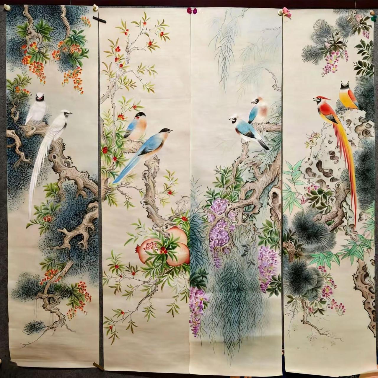 花鸟四条屏。工笔四条屏创作者中心创作灵感国画花鸟花鸟四条屏作品