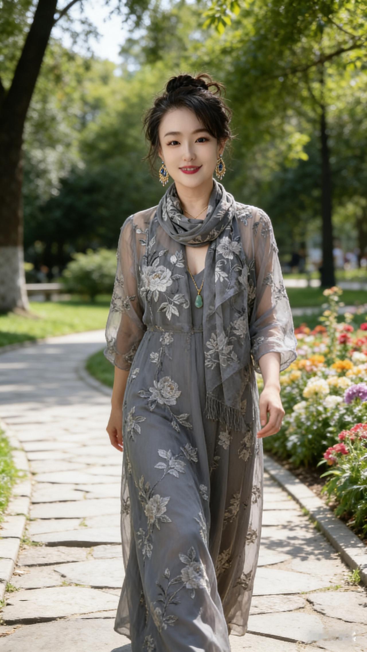 绝色美女身着丝缎长裙，漫步公园林荫小径，柔光勾勒曼妙身姿，尽显优雅冷艳画面。