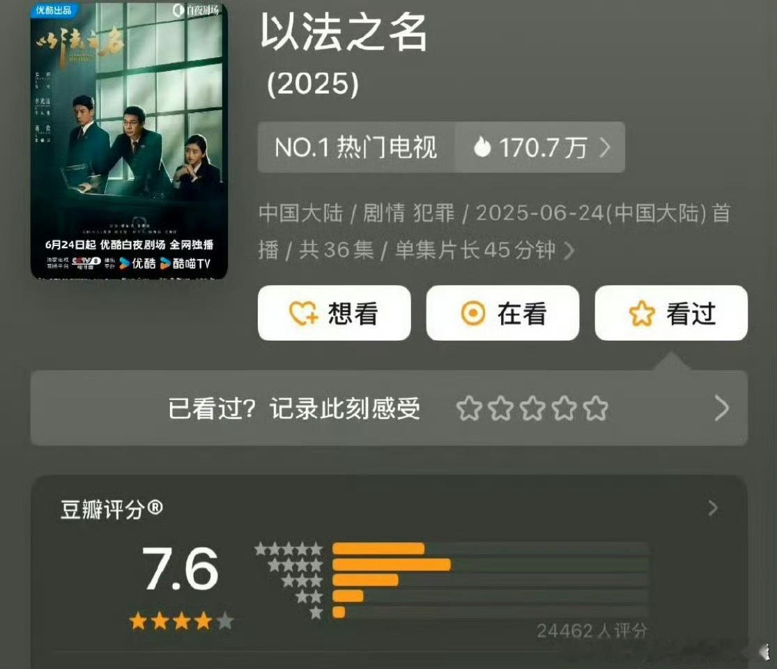 以法之名开播7.6分，后面涨到了7.8分，大结局出来后，现在豆瓣分已经变7.4了