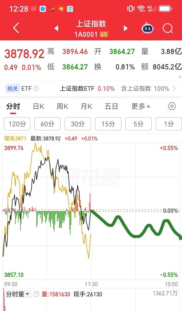 下午大盘会怎么走呢？请看下图。预计下午一开盘，大盘开始跳水，大盘一路下跌，然后开