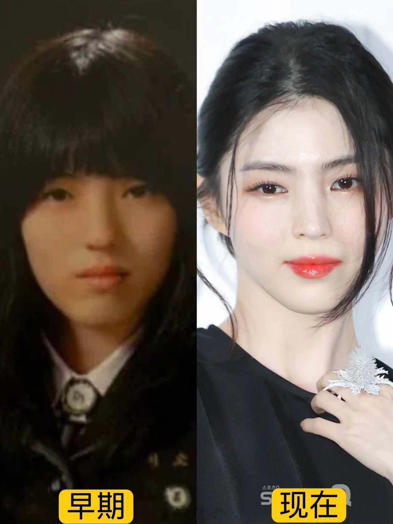 变化看着也不算太大看韩素希的五官，最有意思的是那股反差劲。她脸型偏窄长，高鼻梁撑