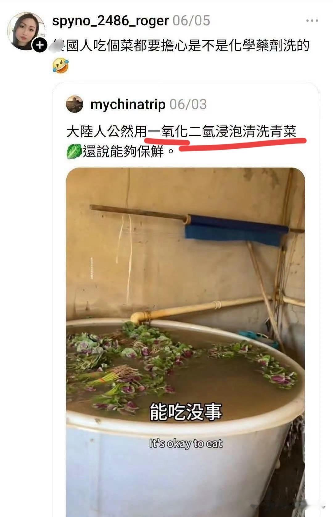 本想钓鱼，结果钓上来一只蛙！她说：大陆人用一氧化二氢清洗蔬菜，只为蔬菜保鲜。