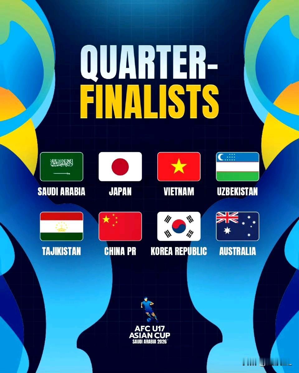 U17亚洲杯八强对阵出炉，四强差不多应该是这样：中国对阵沙特，中国队虽然晋