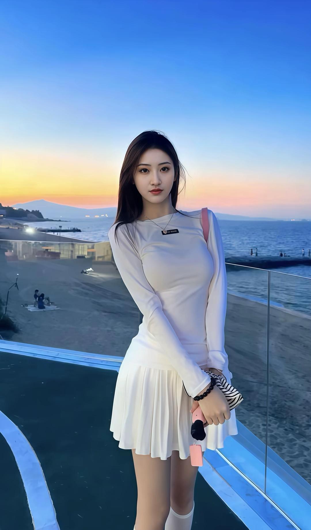 海边日落下的优雅白裙少女🌊👗