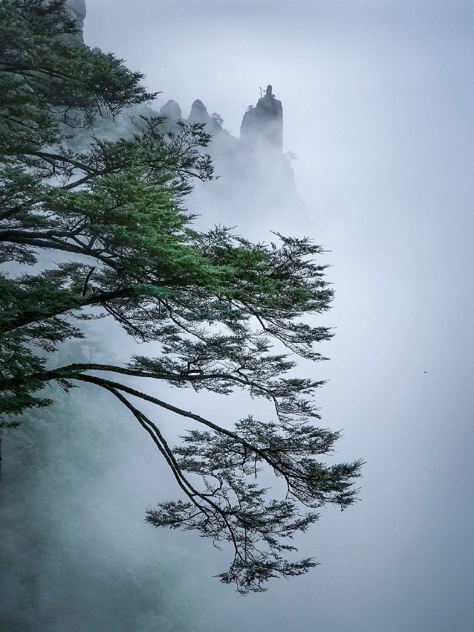 江西·三清山不缺少雨雾的青睐，云雾给它蒙上一层滤镜，它孤清、浩荡，就如武侠景