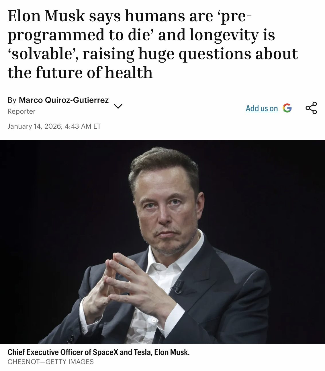 马斯克抛出耐人寻味的观点，直言半永生，并非遥不可及的幻想。他认为，人体老化高度同