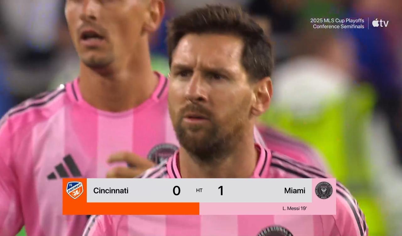 美职联东部半决赛迈阿密国际半场1-0领先辛辛那提，梅西头球破门！看完上半场你不得