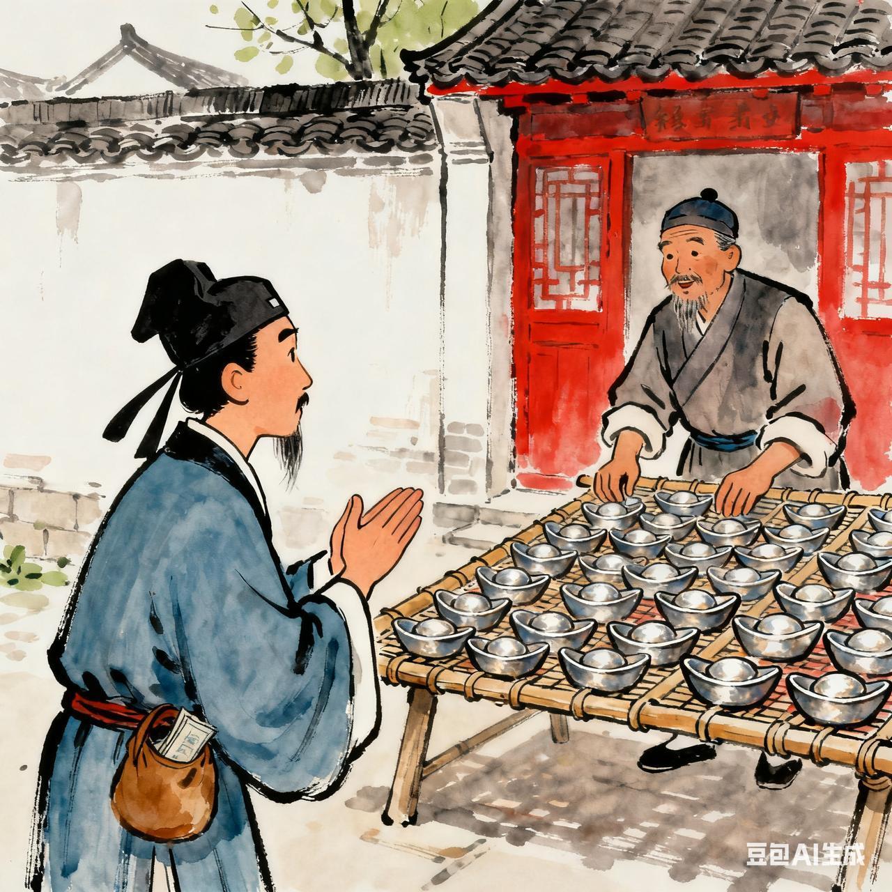 古代笑话穷秀才囊中羞涩，见邻居钱掌柜在晒银锭，凑过去拱手：“掌柜的，借纹银五