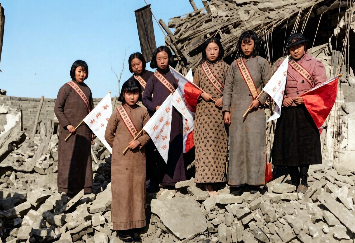 1937年，石家庄，一群为日军效力的年轻女子在镜头前合影。她们手持旗帜，肩披