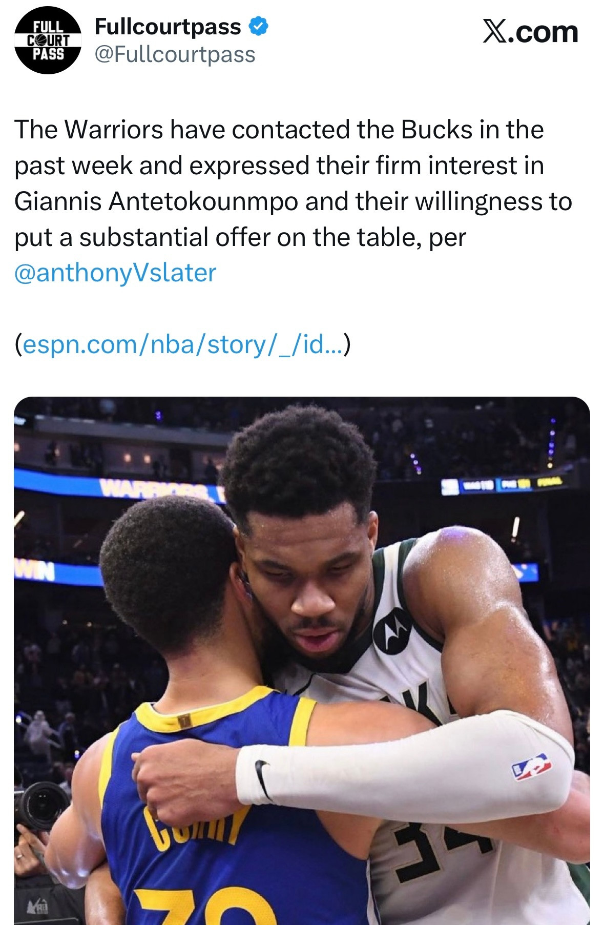 有诚意？🤔勇士记者AnthonySlater：过去一周，勇士已与雄鹿取得联