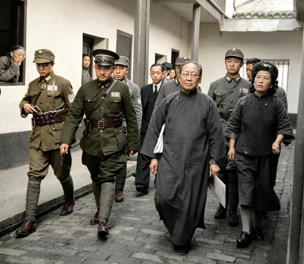 这名男人相女人身的老太太昂首阔步、趾高气扬，无视身边押送她的军警。老太太年轻时也