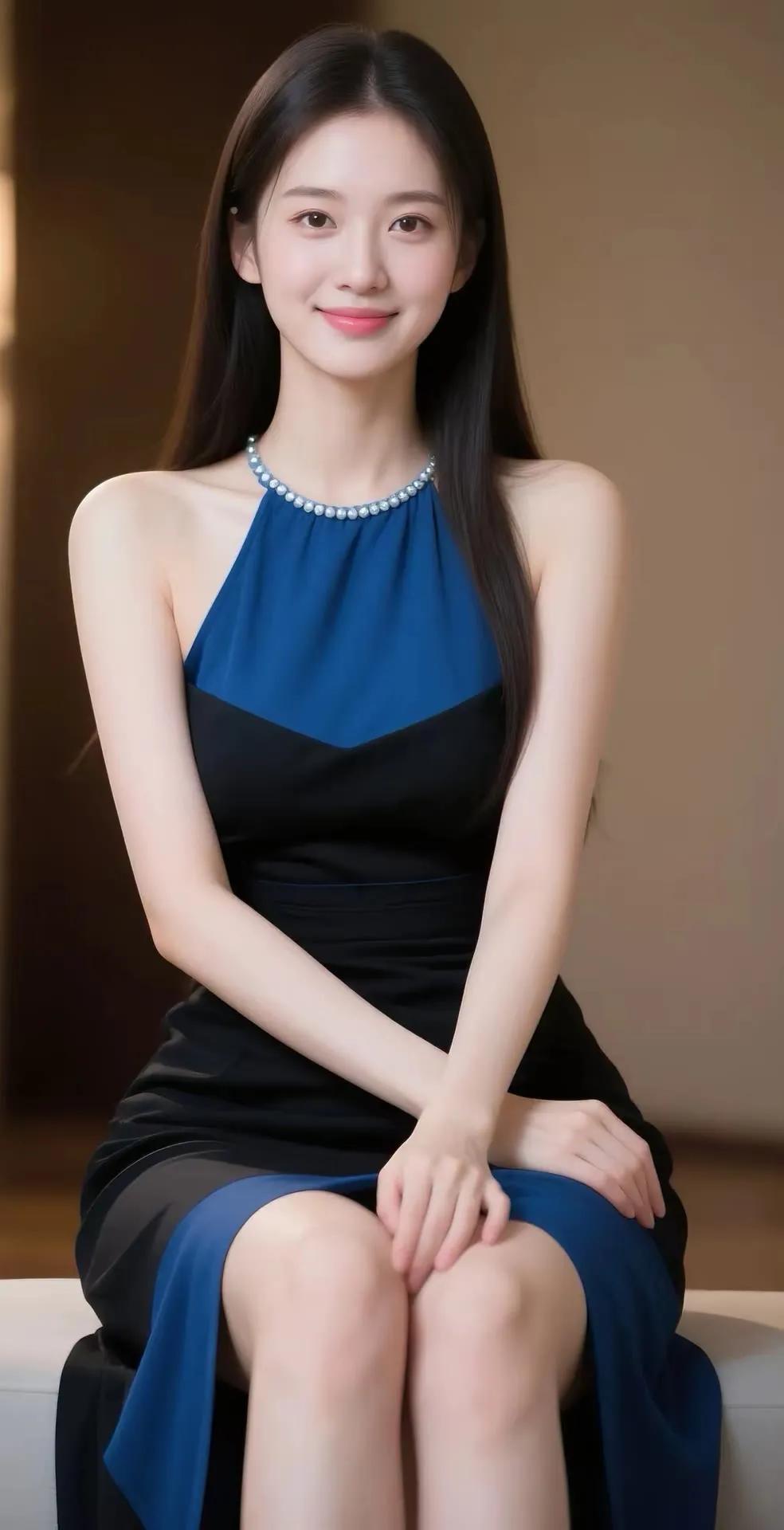 这位小姐姐穿着蓝黑连衣裙，坐在沙发上。